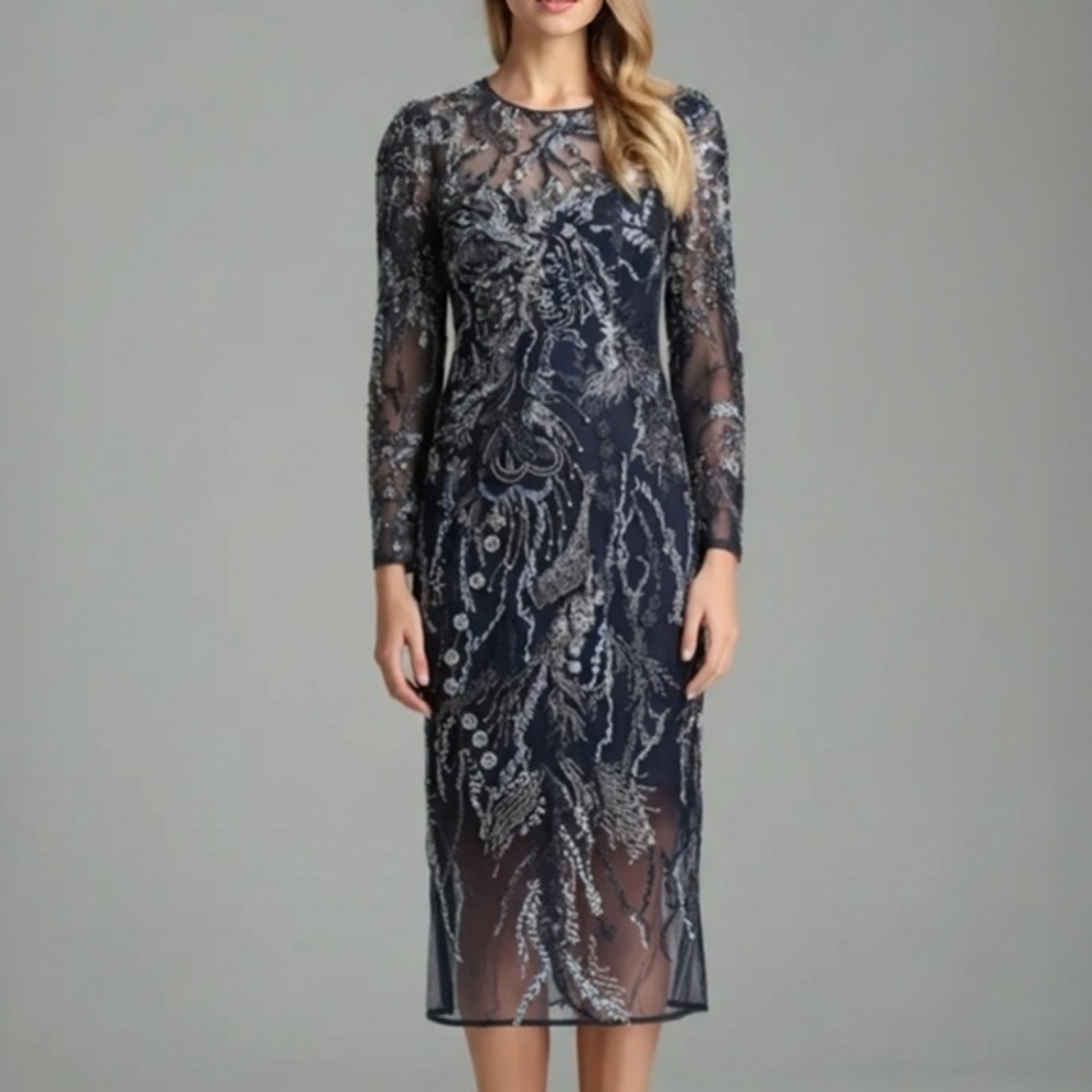 Dress‎ The Population | New! Elegant Navy Sophia Dress with Embroidered Sequins